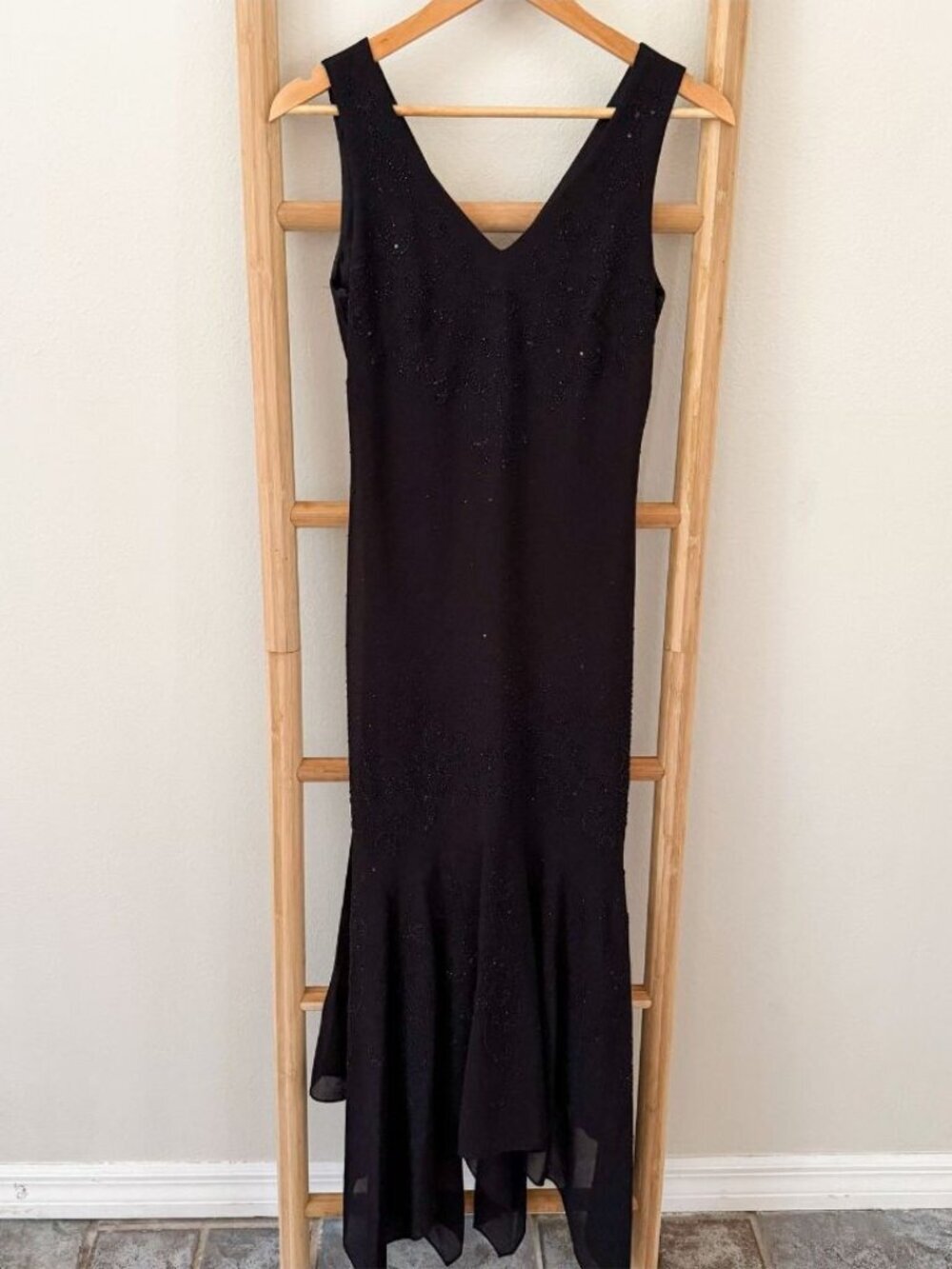 Vintage Dollar Black Beaded Mermaid Handkerchief Hem Evening Dress S EUC